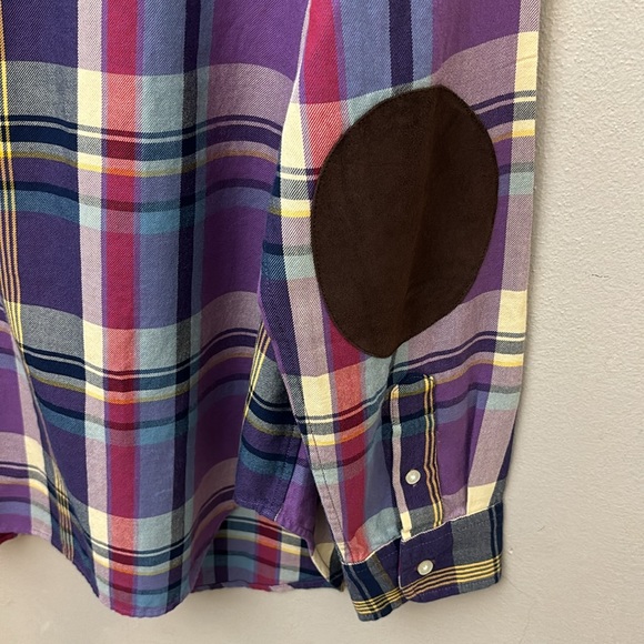 Ralph Lauren Women Botton down Plaid Suede Trim Cotton Twill long sleeve Shirt - Picture 3 of 7